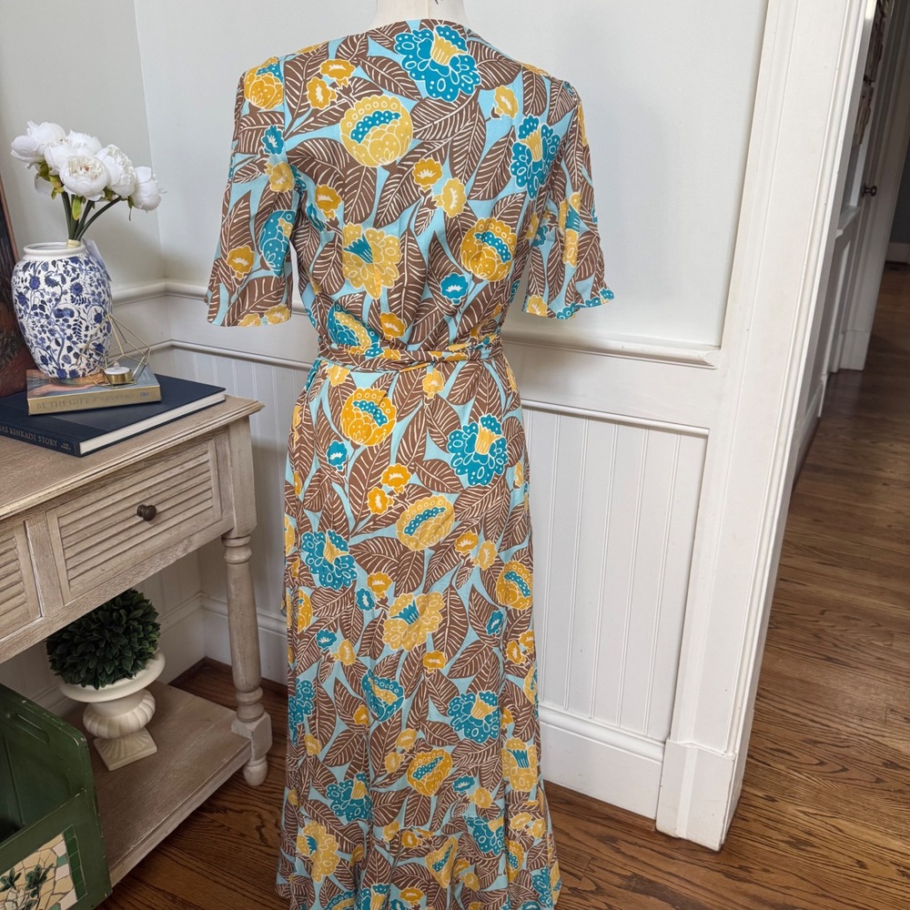 NWT J McLaughlin Audette Dresses Aqua Brown Gold Floral Print Wrap Midi Dress XS - Picture 3 of 7